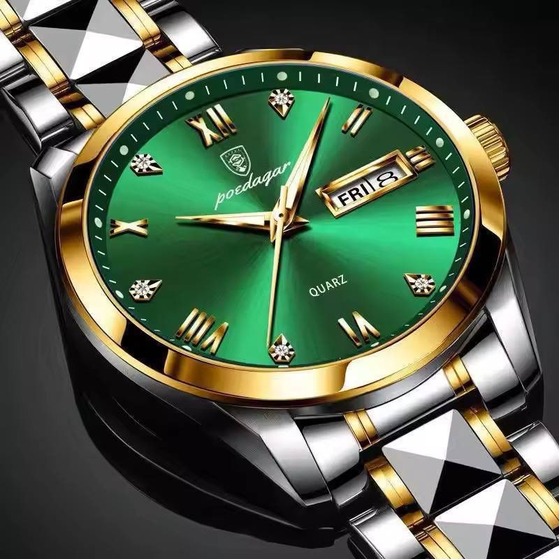 Poedagar 985 Luxury Fashion Stainless Steel Green Dial Watch Men Waterproof Luminous Week Date Sport Men Quartz Wristwatch