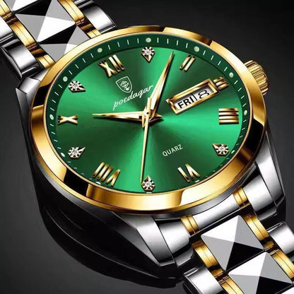 Poedagar 985 Luxury Fashion Stainless Steel Green Dial Watch Men Waterproof Luminous Week Date Sport Men Quartz Wristwatch