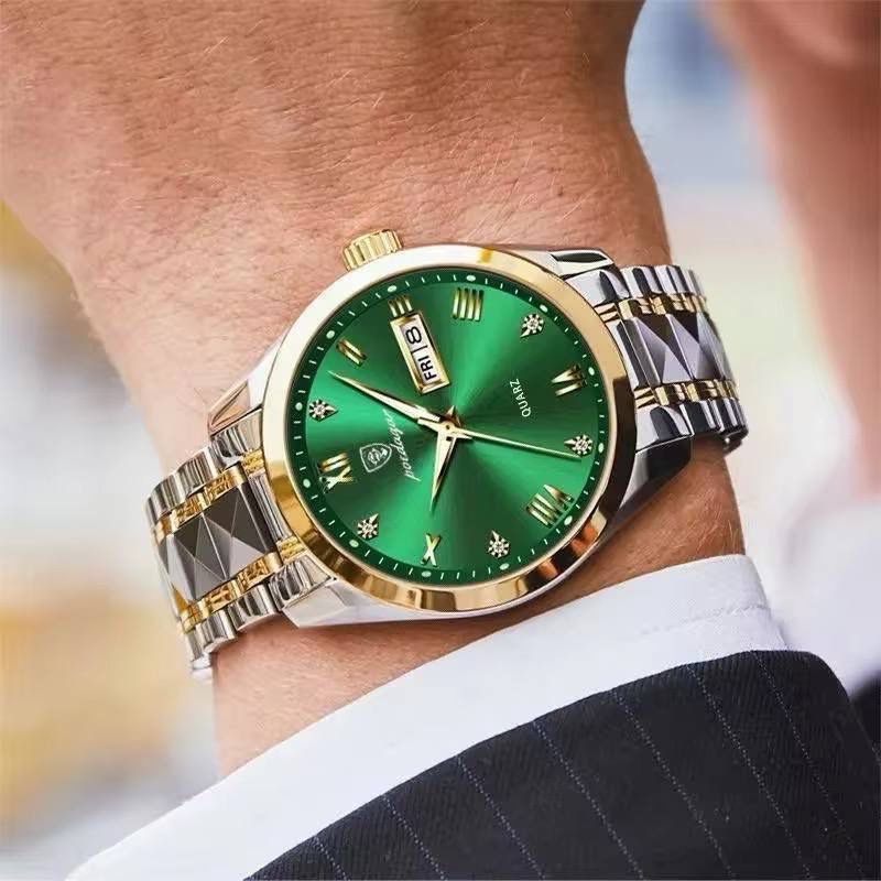 Poedagar 985 Luxury Fashion Stainless Steel Green Dial Watch Men Waterproof Luminous Week Date Sport Men Quartz Wristwatch