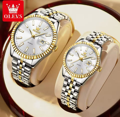 Date display Simple lovers hand OLEVS 5593 couples quartz watch best Stainless steel band watch for sale