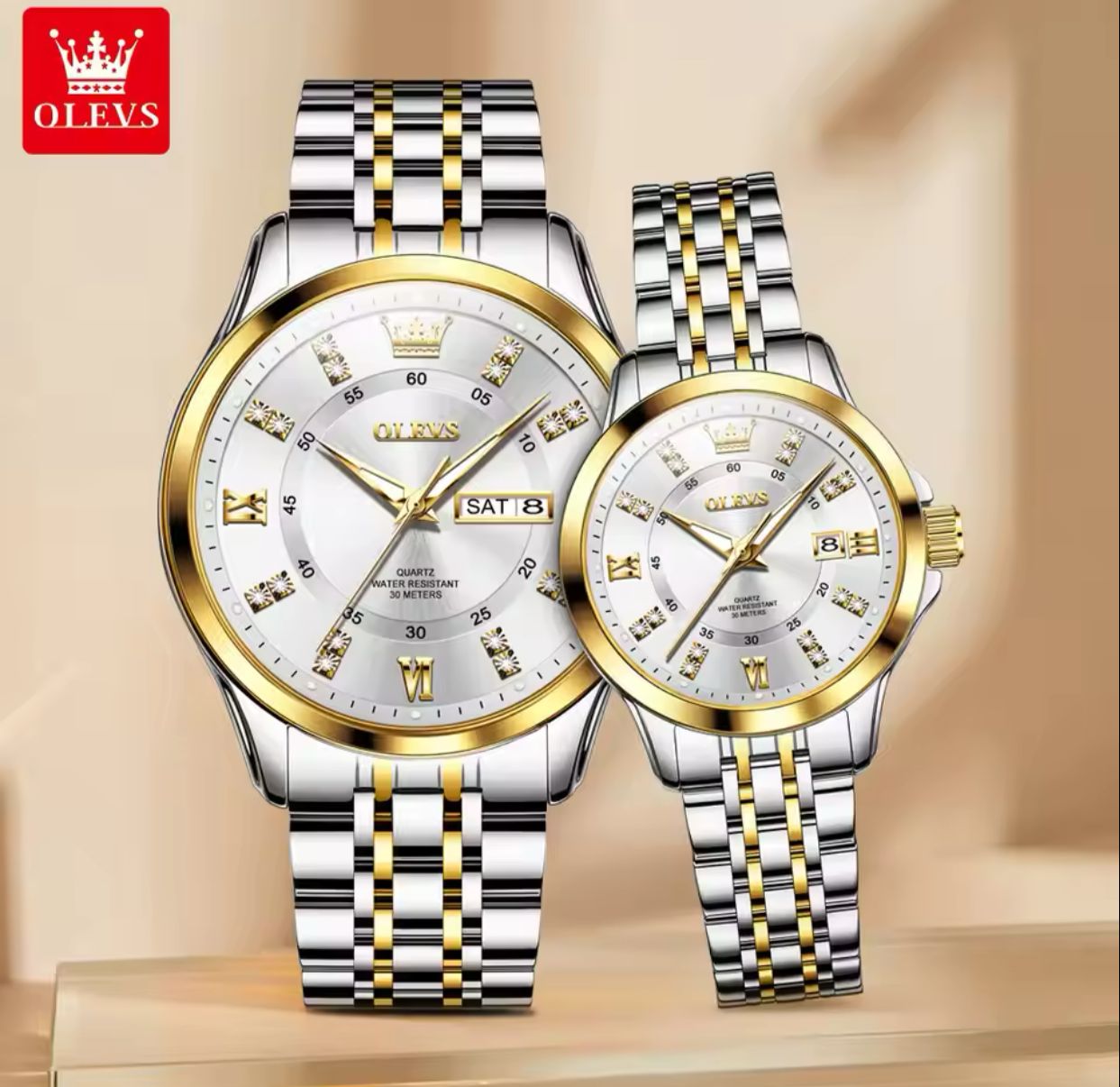 OLEVS 3620 Couple's Watches Top Brand Auto Date Week Luminous Hands Stainless Steel Belt Waterproof Diamond Wristwatches