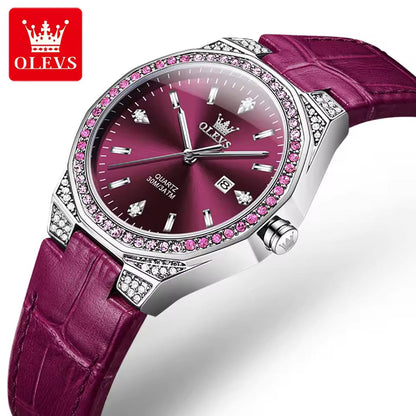 Waterproof Business Quartz Wristwatch OLEVS 5606 High Definition Mirror Classic Genuine Leather Lady Beauty Women Diamond Watch