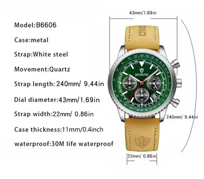 Binbond B6606 6606 Fashion Watches Luxury Brand Genuine Leather Strap Waterproof Sport Japan Quartz Chronograph Watch Men Clock
