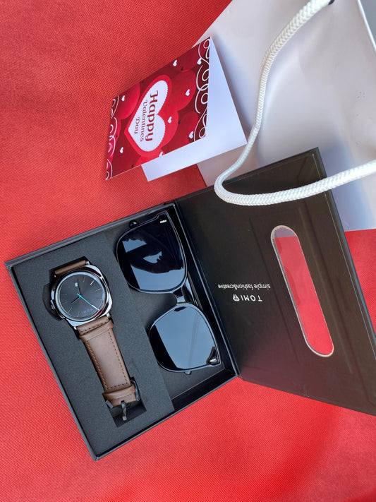 TOMI Gents Valentine's Gift Set  VAL001– Polarized Sunglasses, Leather Watch & Premium Packaging