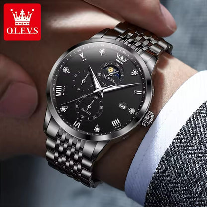 OLEVS 2925 Auto Date 30M Waterproof Roman Dial Stainless Steel Moon Phase Men's Watches Original Japan Quartz Wristwatch for Men