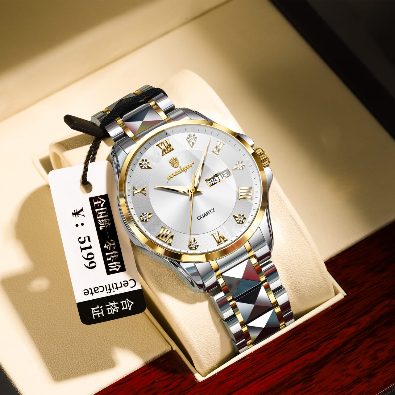 POEDAGAR 883 Date Week Man Wristwatch Stainless Steel Belt Fashion Men Clock Waterproof Luminous Quartz Men's Watches