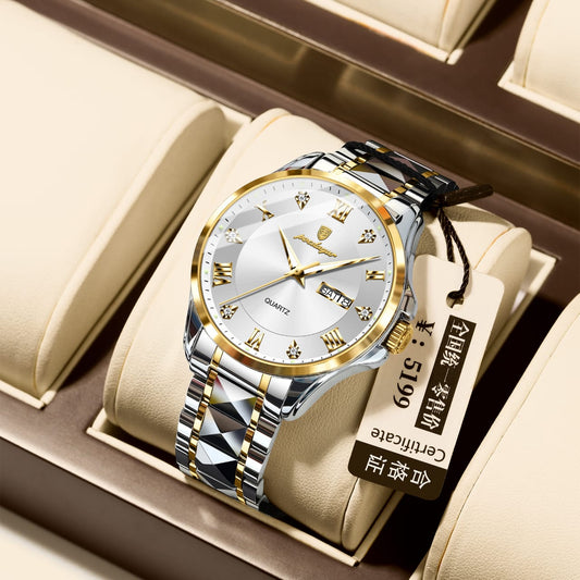 POEDAGAR 883 Date Week Man Wristwatch Stainless Steel Belt Fashion Men Clock Waterproof Luminous Quartz Men's Watches