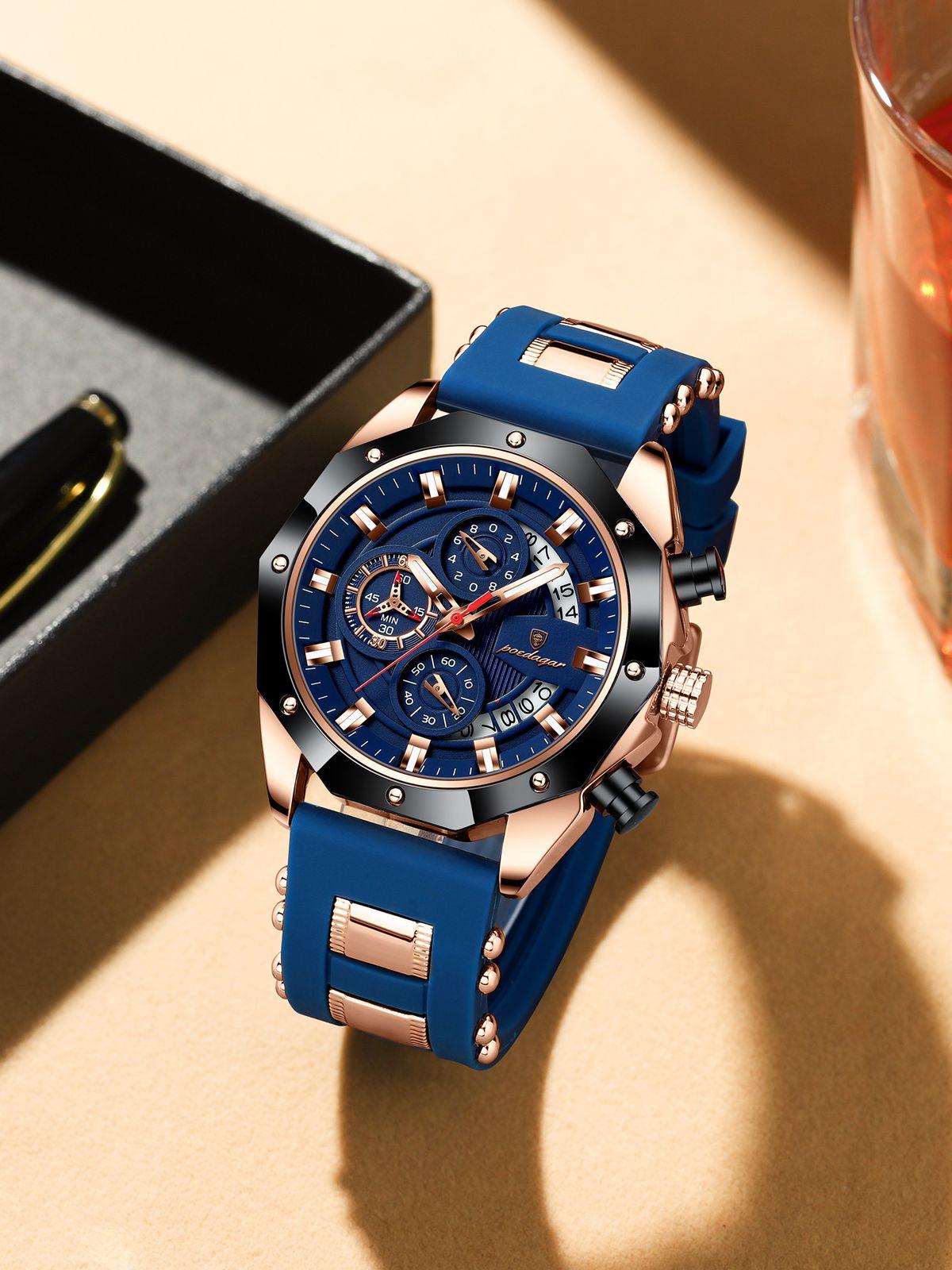 POEDAGAR 913 Waterproof Luminous Sport Business Chronograph Men Night Light Watch Blue Silicone Strap Japan Quartz Men's Watches