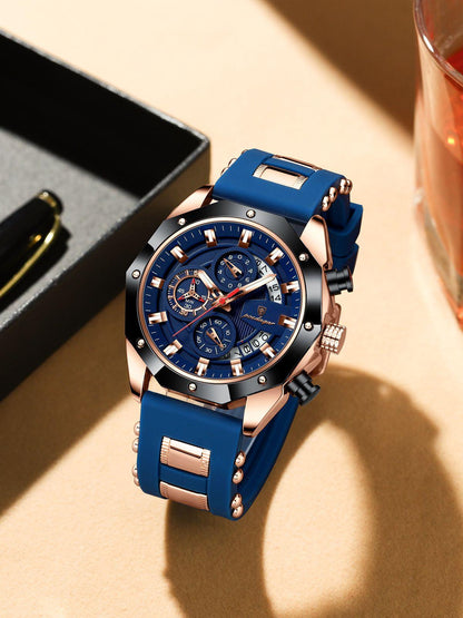 POEDAGAR 913 Waterproof Luminous Sport Business Chronograph Men Night Light Watch Blue Silicone Strap Japan Quartz Men's Watches