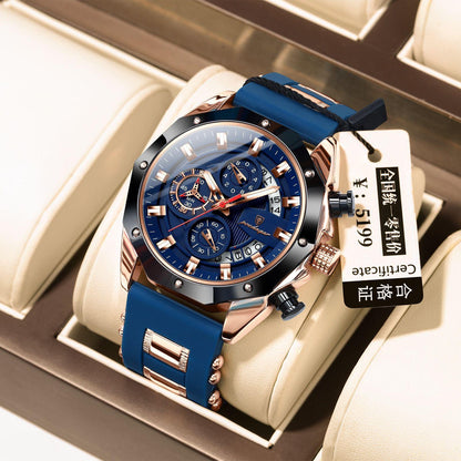 POEDAGAR 913 Waterproof Luminous Sport Business Chronograph Men Night Light Watch Blue Silicone Strap Japan Quartz Men's Watches
