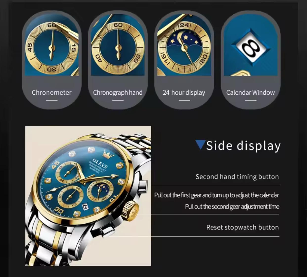 OLEVS 2889 Men Quartz Wristwatch High Quality Chronograph Stainless Steel Band Luminous Calendar Waterproof Casual Watches