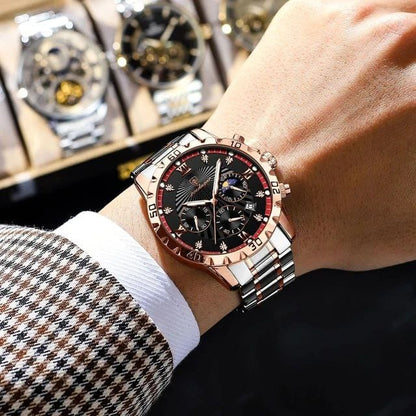 POEDAGAR-965 Men's Multifunctional Quartz Watch Fashionable Night Light Waterproof Stainless Steel Band Buckle Clasp Glass Dial