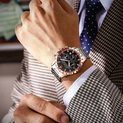 POEDAGAR-965 Men's Multifunctional Quartz Watch Fashionable Night Light Waterproof Stainless Steel Band Buckle Clasp Glass Dial