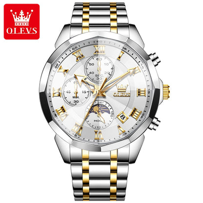OLEVS 3675 Mens Moon Phase Classic Male Wrist Watch Analog Quartz Business Dress Watches Calendar Stainless Steel Strap Watches