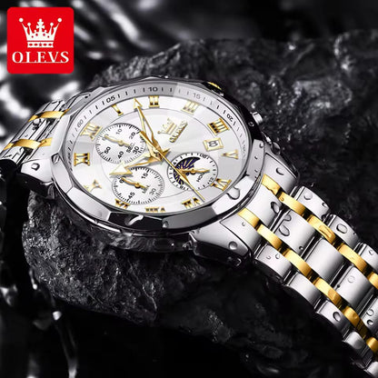 OLEVS 3675 Mens Moon Phase Classic Male Wrist Watch Analog Quartz Business Dress Watches Calendar Stainless Steel Strap Watches