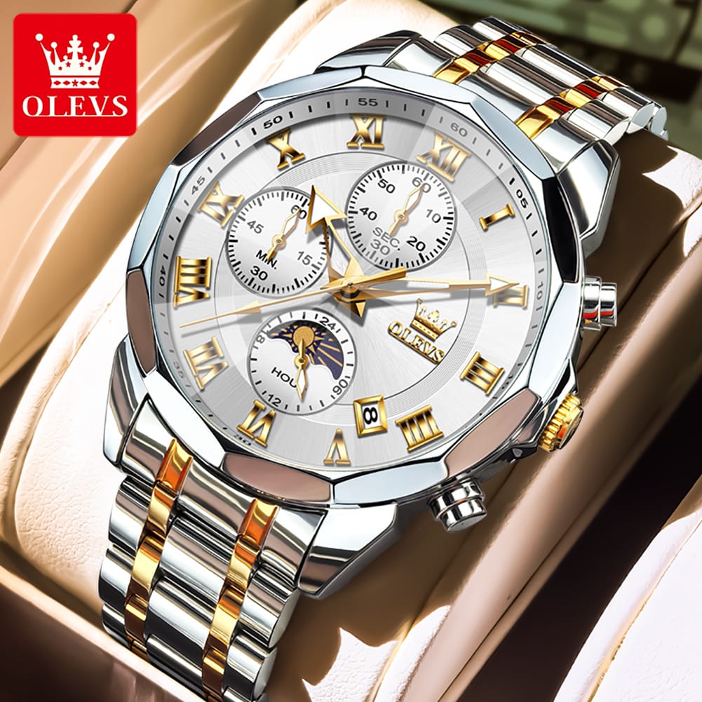 OLEVS 3675 Mens Moon Phase Classic Male Wrist Watch Analog Quartz Business Dress Watches Calendar Stainless Steel Strap Watches