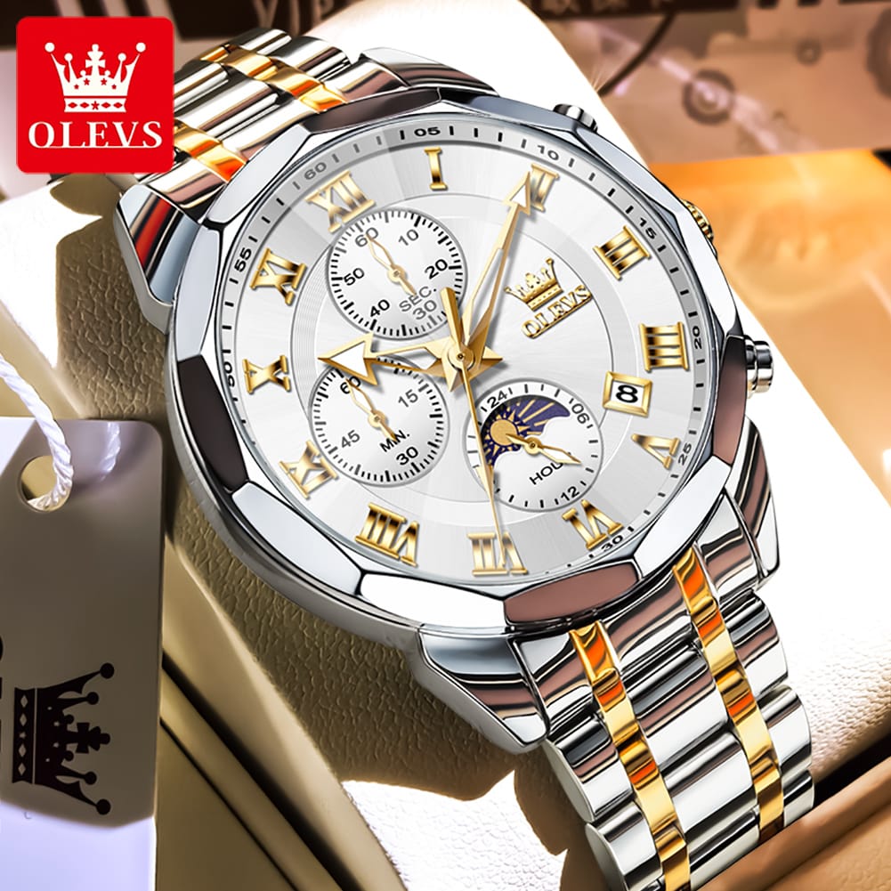 OLEVS 3675 Mens Moon Phase Classic Male Wrist Watch Analog Quartz Business Dress Watches Calendar Stainless Steel Strap Watches
