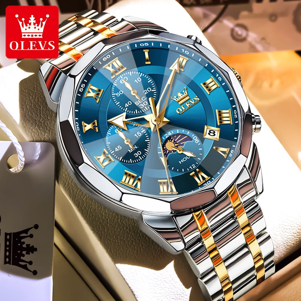 OLEVS 3675 Mens Moon Phase Classic Male Wrist Watch Analog Quartz Business Dress Watches Calendar Stainless Steel Strap Watches