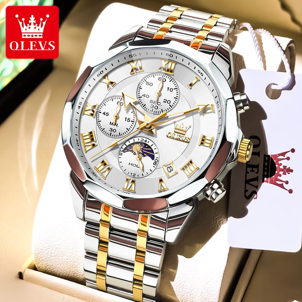 OLEVS 3675 Mens Moon Phase Classic Male Wrist Watch Analog Quartz Business Dress Watches Calendar Stainless Steel Strap Watches
