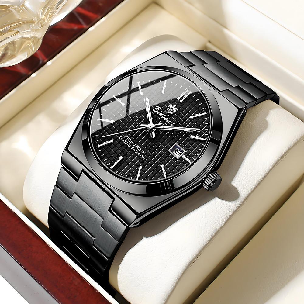 BINBOND B1128 Mens Fashion Luxury High Quality Stainless Steel Strap Silver Color Waterproof Quartz Watch