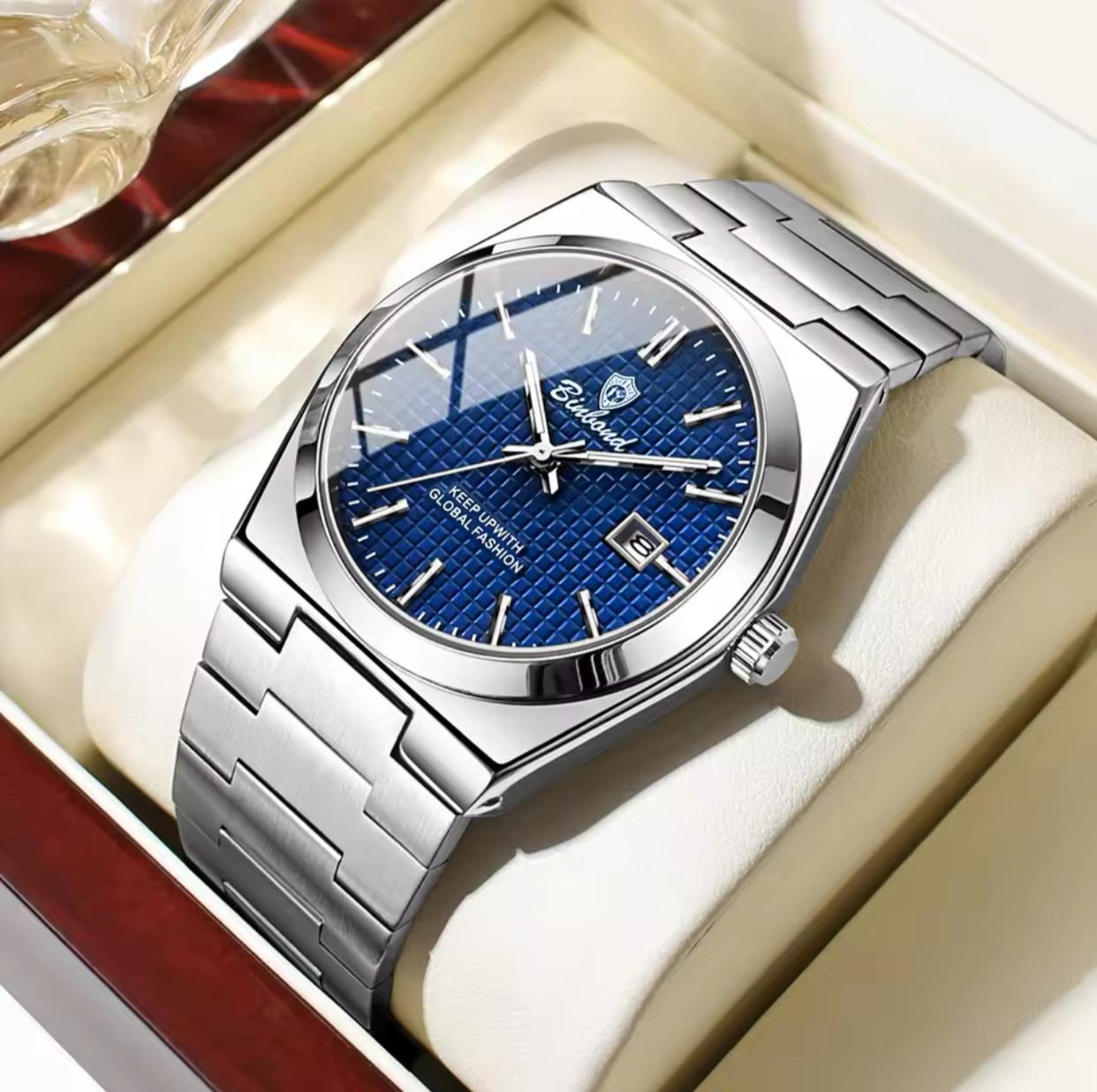 BINBOND B1128 Mens Fashion Luxury High Quality Stainless Steel Strap Silver Color Waterproof Quartz Watch
