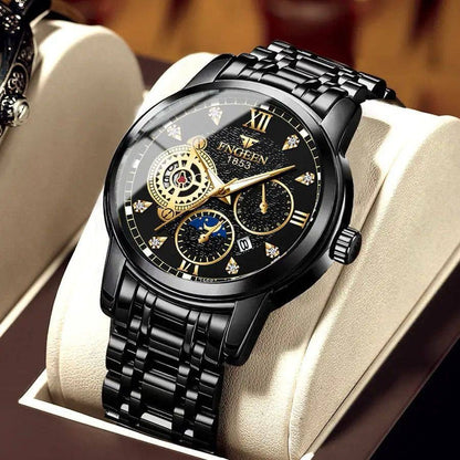 Fngeen 2166 Casual Fashion Stainless Steel Strap Men's Moon Phase Watch Waterproof Wrist Japan Quartz Watches