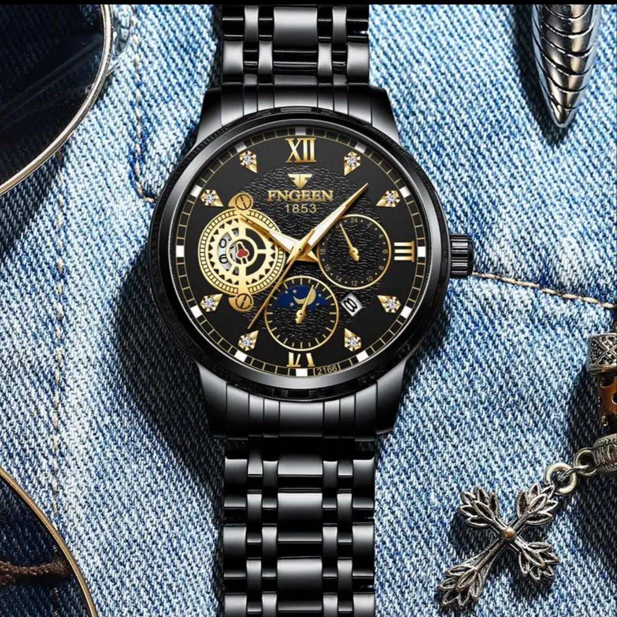 Fngeen 2166 Casual Fashion Stainless Steel Strap Men's Moon Phase Watch Waterproof Wrist Japan Quartz Watches