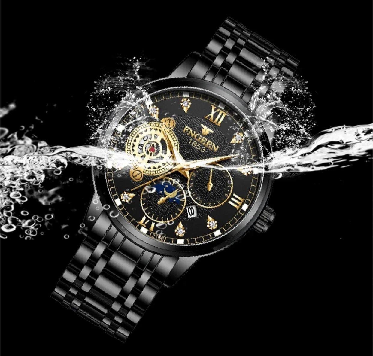 Fngeen 2166 Casual Fashion Stainless Steel Strap Men's Moon Phase Watch Waterproof Wrist Japan Quartz Watches
