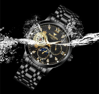 Fngeen 2166 Casual Fashion Stainless Steel Strap Men's Moon Phase Watch Waterproof Wrist Japan Quartz Watches