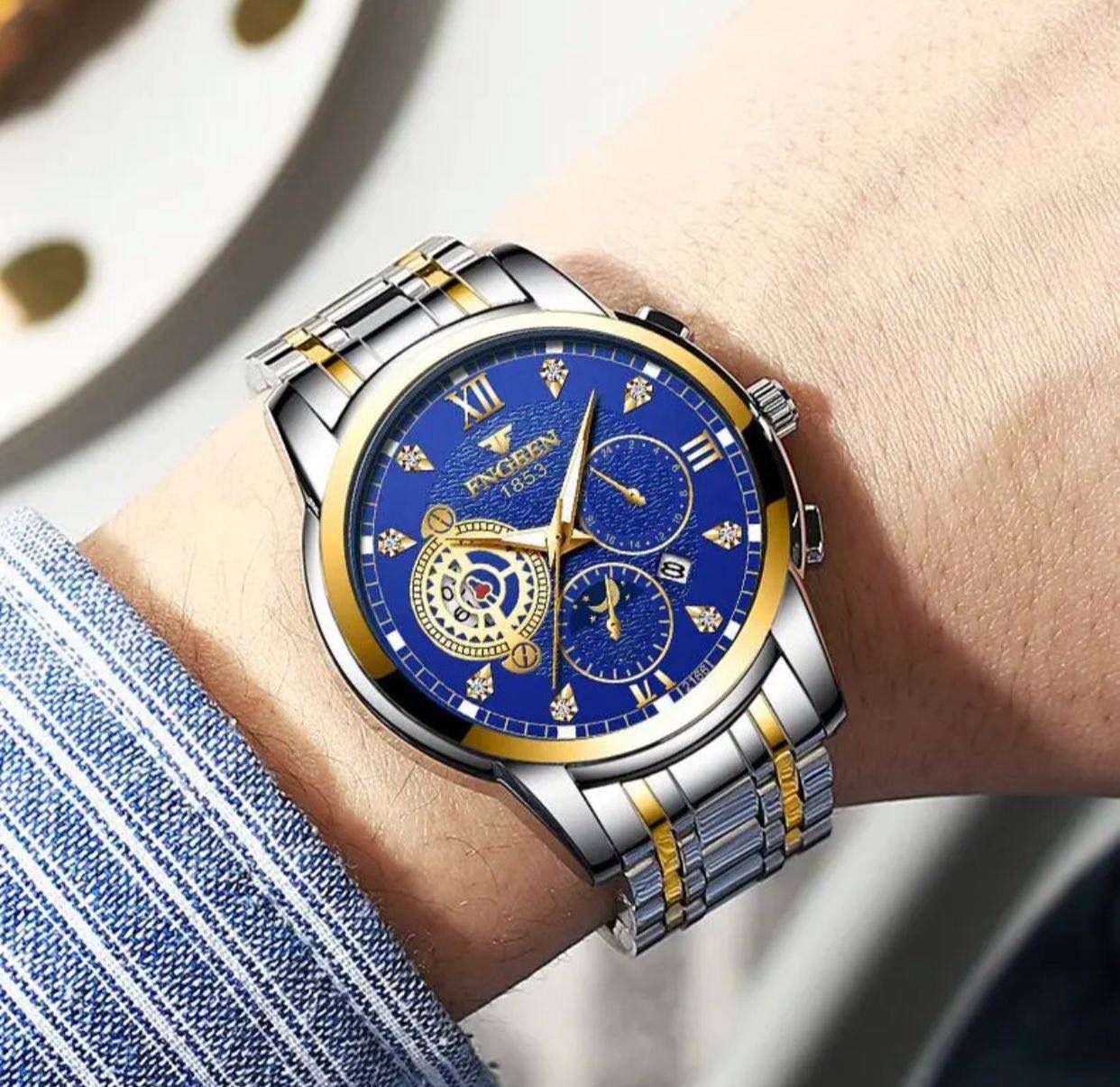 Fngeen 2166 Casual Fashion Stainless Steel Strap Men's Moon Phase Watch Waterproof Wrist Japan Quartz Watches
