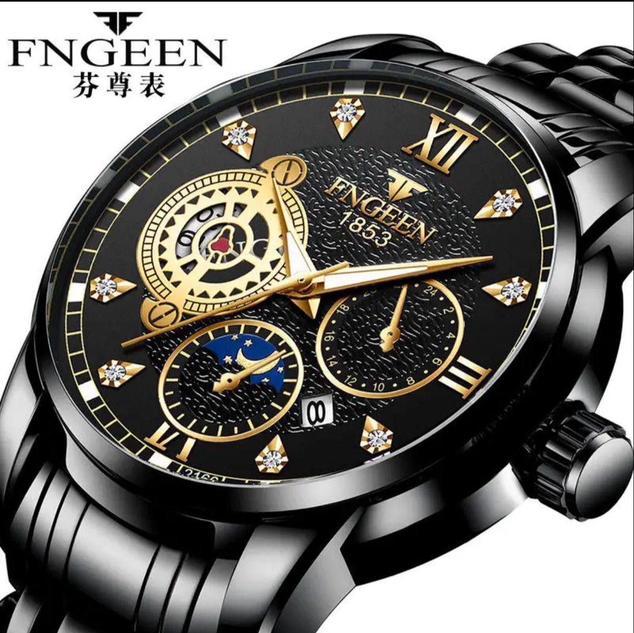 Fngeen 2166 Casual Fashion Stainless Steel Strap Men's Moon Phase Watch Waterproof Wrist Japan Quartz Watches