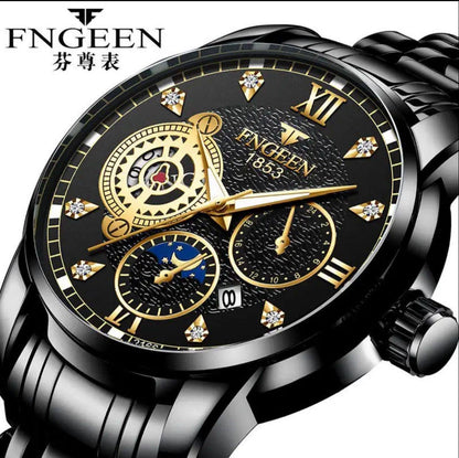 Fngeen 2166 Casual Fashion Stainless Steel Strap Men's Moon Phase Watch Waterproof Wrist Japan Quartz Watches