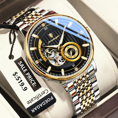 POEDAGAR 1416 Top Luxury Men Luminous Hollow Tourbillon Automatic Man Wristwatch Mechanical Stainless Steel Men's Watches