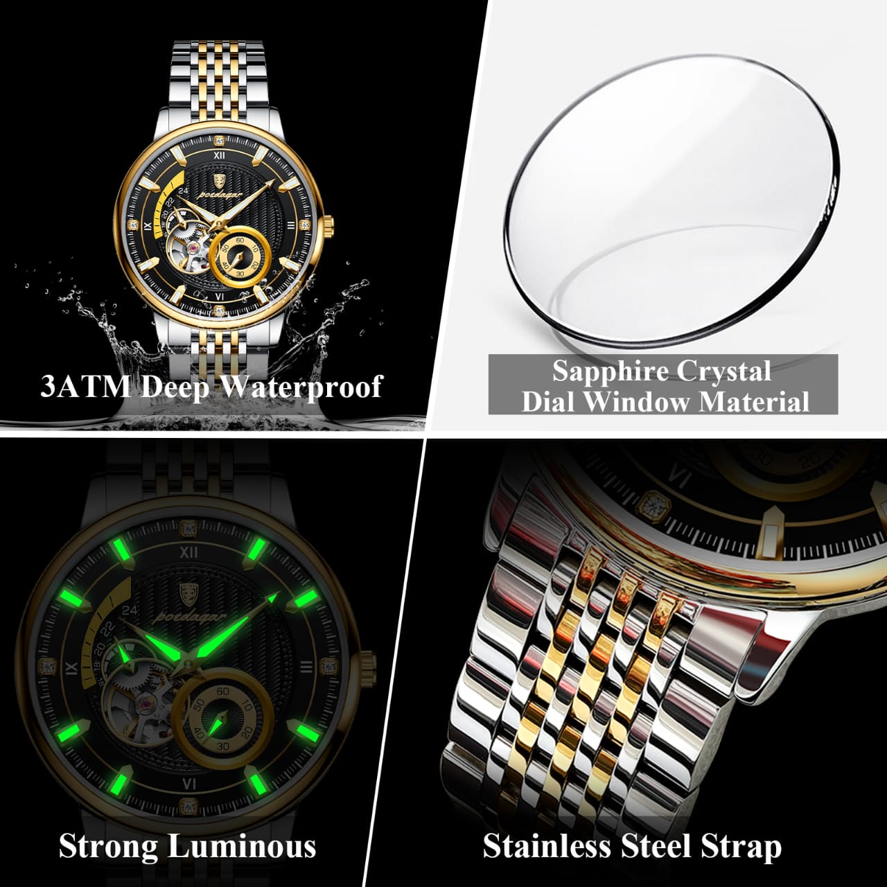 POEDAGAR 1416 Top Luxury Men Luminous Hollow Tourbillon Automatic Man Wristwatch Mechanical Stainless Steel Men's Watches