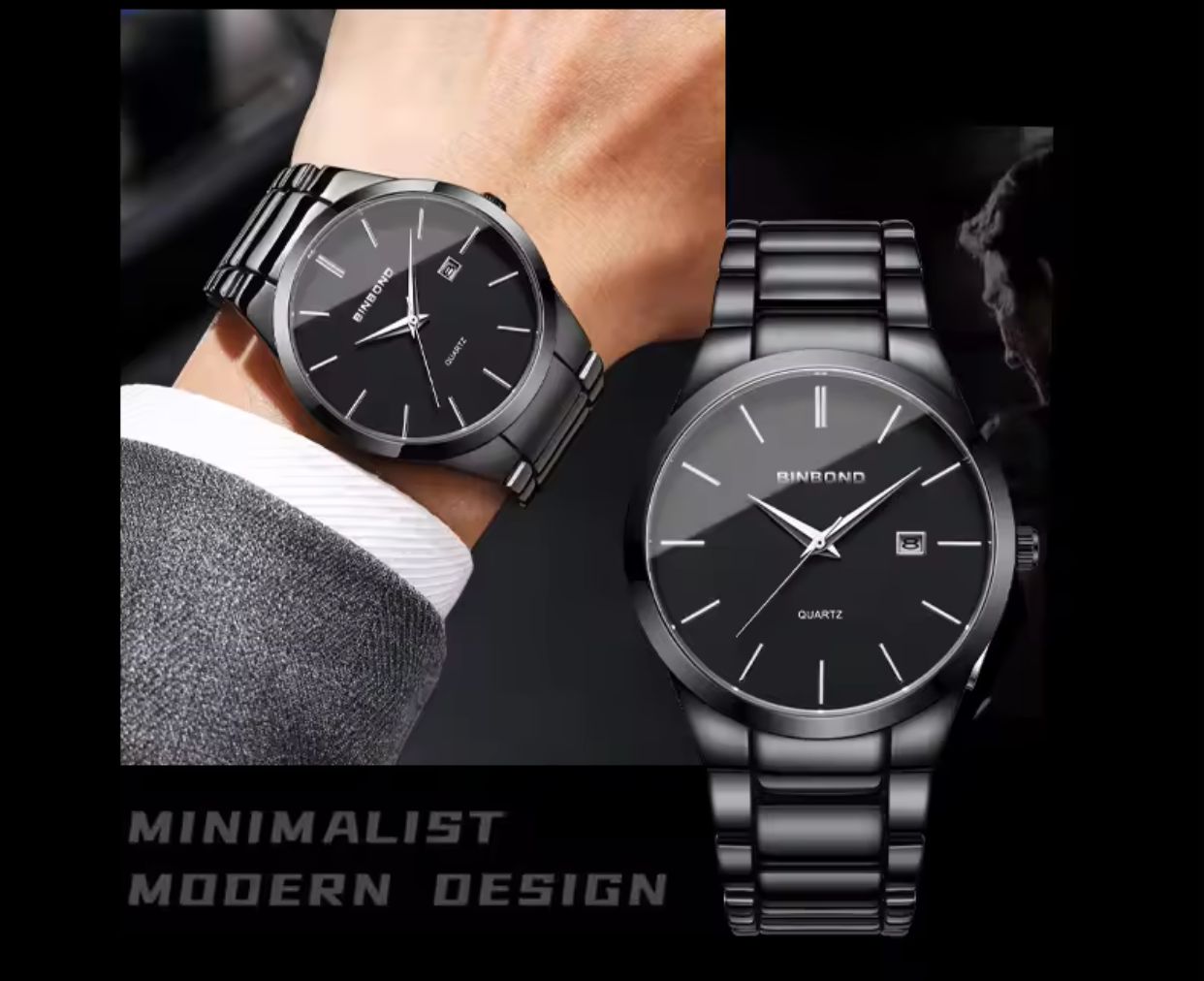 BINBOND-077 Men's Fashion Steel Belt Watch New Multi-Functional Calendar Waterproof Quartz Movement Dial Window Glass 20mm Alloy