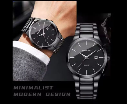 BINBOND-077 Men's Fashion Steel Belt Watch New Multi-Functional Calendar Waterproof Quartz Movement Dial Window Glass 20mm Alloy