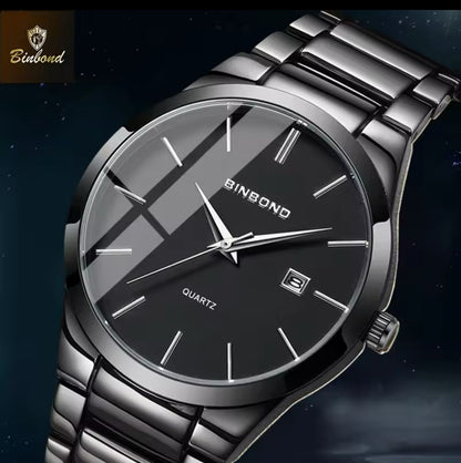 BINBOND-077 Men's Fashion Steel Belt Watch New Multi-Functional Calendar Waterproof Quartz Movement Dial Window Glass 20mm Alloy