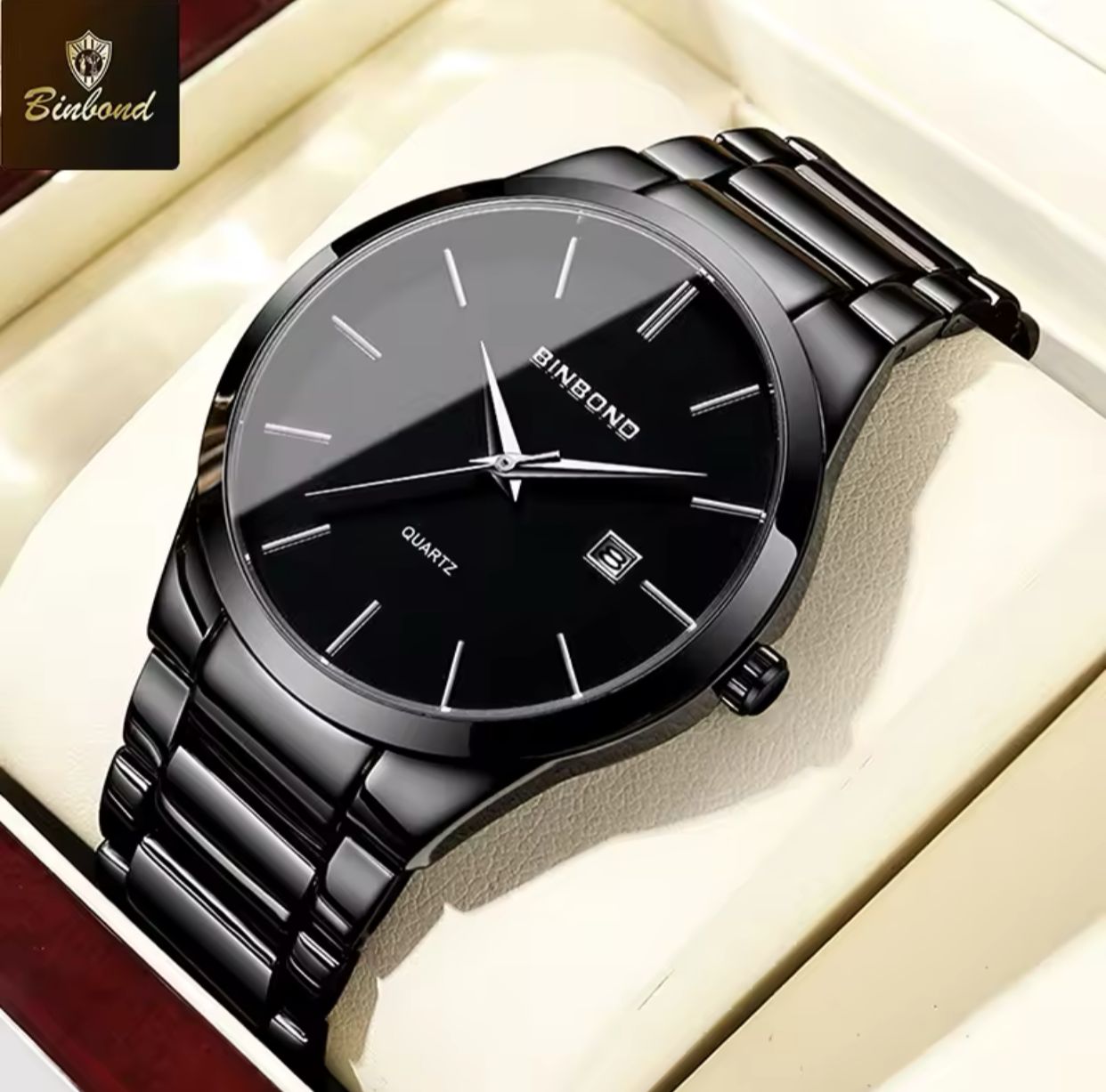 BINBOND-077 Men's Fashion Steel Belt Watch New Multi-Functional Calendar Waterproof Quartz Movement Dial Window Glass 20mm Alloy