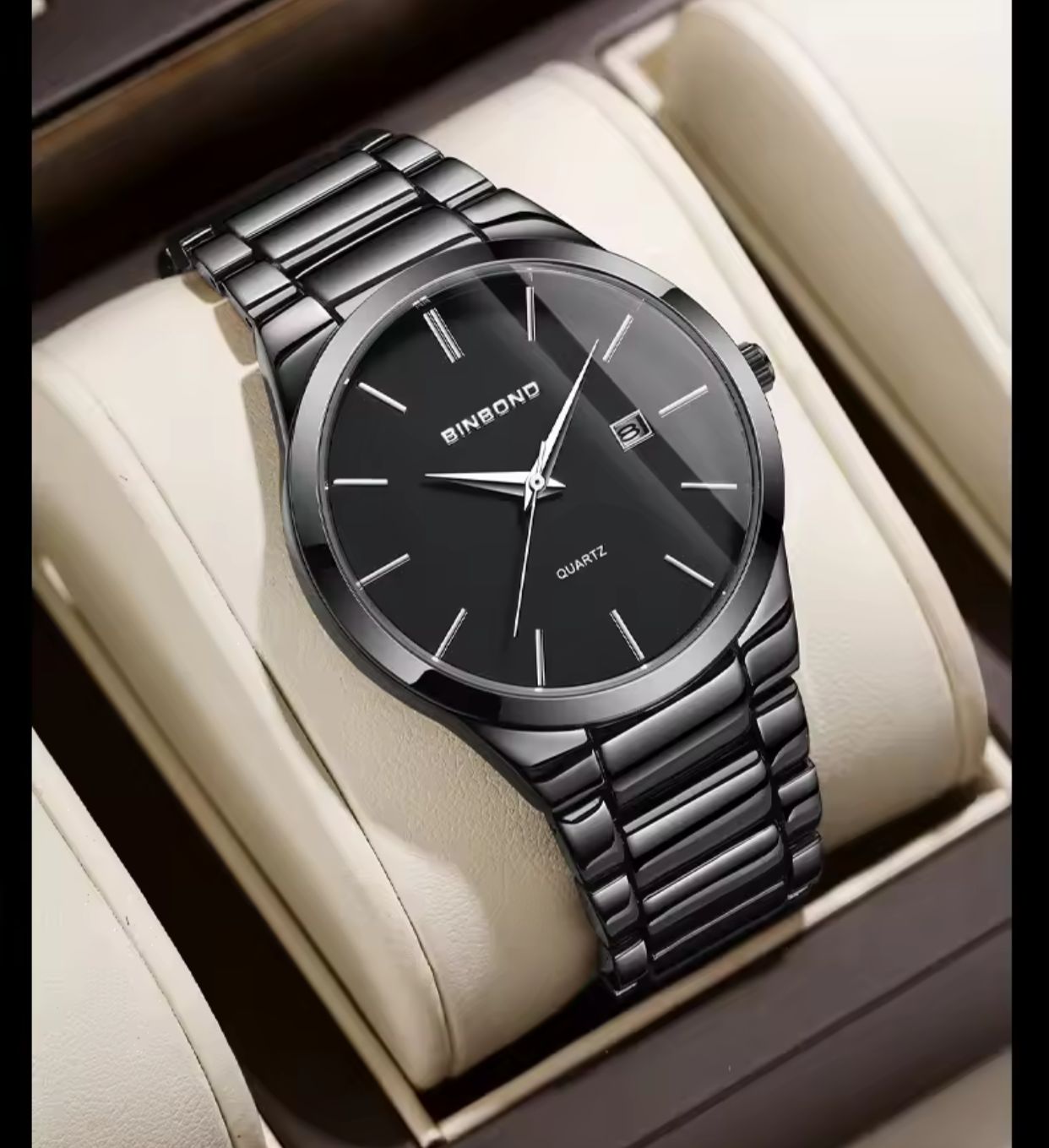 BINBOND-077 Men's Fashion Steel Belt Watch New Multi-Functional Calendar Waterproof Quartz Movement Dial Window Glass 20mm Alloy
