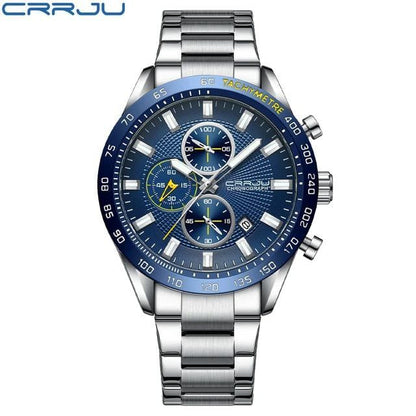 CRRJU 2306 Classic Silver Mens Quartz Watch Best Power Stainless Steel Band Water Resist Chronograph Vintage Casual Wrist Watch