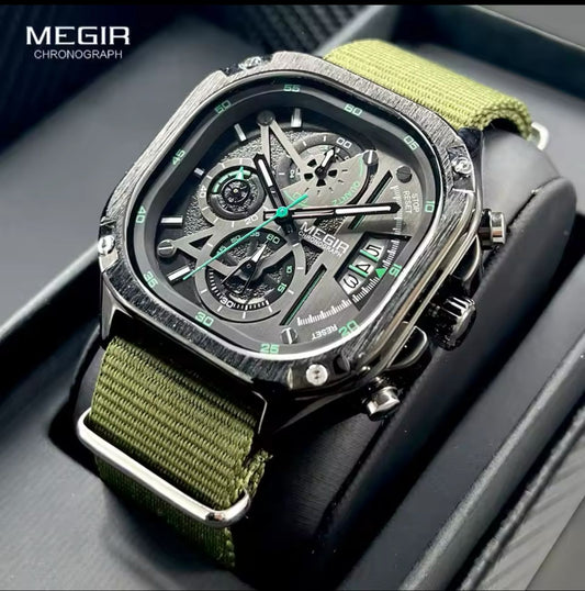 MEGIR 2217 Square Dial Chronograph Quartz Watches for Men Stainless Steel Strap with Luminous Hands Fashion Sports Male Wristwatch
