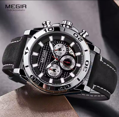 Megir 2094 Original Brand Complete Calendar Luxury Men Quartz Watches Water Resistant Antique Luminous Hands Leather Chronograph