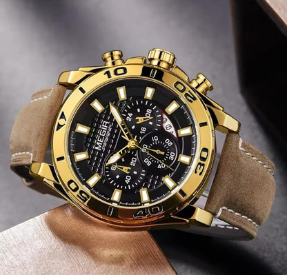 Megir 2094 Original Brand Complete Calendar Luxury Men Quartz Watches Water Resistant Antique Luminous Hands Leather Chronograph