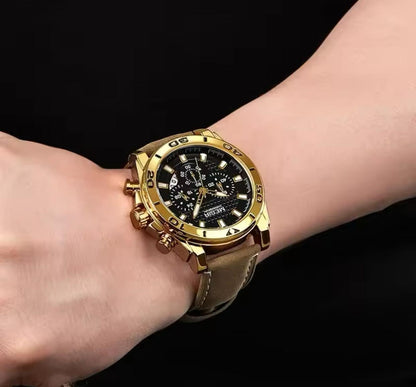 Megir 2094 Original Brand Complete Calendar Luxury Men Quartz Watches Water Resistant Antique Luminous Hands Leather Chronograph