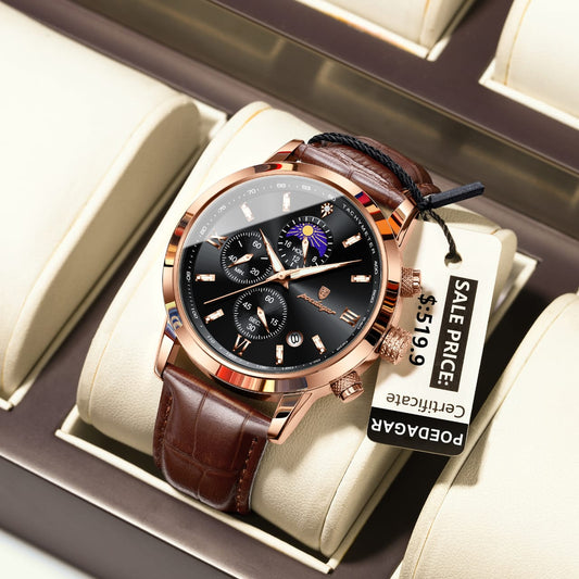 POEDAGAR 882 Leather Strap Waterproof Sport Quartz Watch Chronograph Man Gift Men Business Luxury Wristwatch