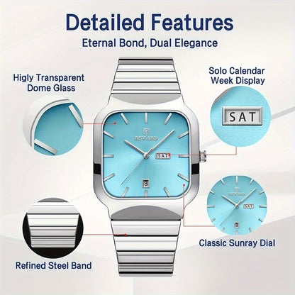 REWARD RD611264M Square Complete Calendar Steel Band Popular Couple Fashion Gold Wristwatch Japan Quartz Watches