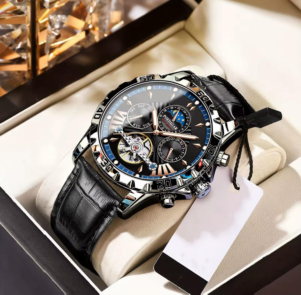POEDAGAR 1410 Tourbillon Automatic Mechanical Wristwatch Men Waterproof Luminous Leather Strap Men's Clock Luxury Watch for Man