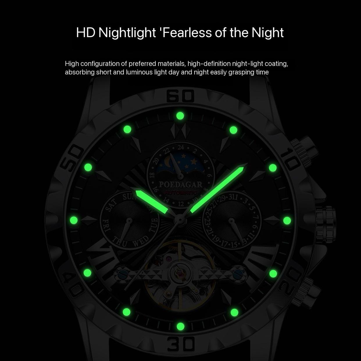 POEDAGAR 1410 Tourbillon Automatic Mechanical Wristwatch Men Waterproof Luminous Leather Strap Men's Clock Luxury Watch for Man