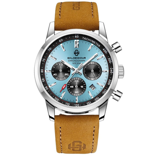 High Quality Sport Chronograph Men Quartz Watches Luxury Leather Wristwatch Waterproof Luminous Watch for Men Golden Hour 0203