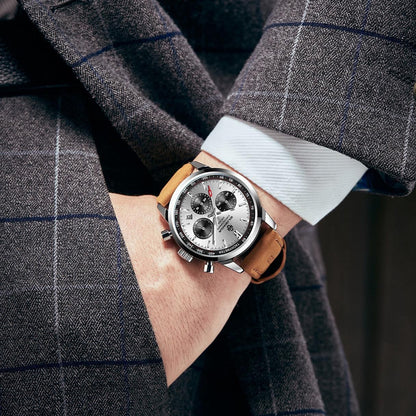 High Quality Sport Chronograph Men Quartz Watches Luxury Leather Wristwatch Waterproof Luminous Watch for Men Golden Hour 0203